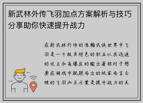 新武林外传飞羽加点方案解析与技巧分享助你快速提升战力